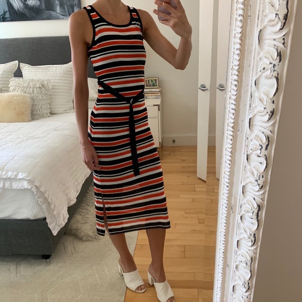 Striped Knit Midi Dress with Waist Tie - Black, Orange & White